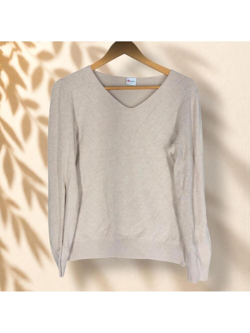 Wiholl Sweater Pullover Women L Large Beige Knit V-Neck Long Sleeve Soft